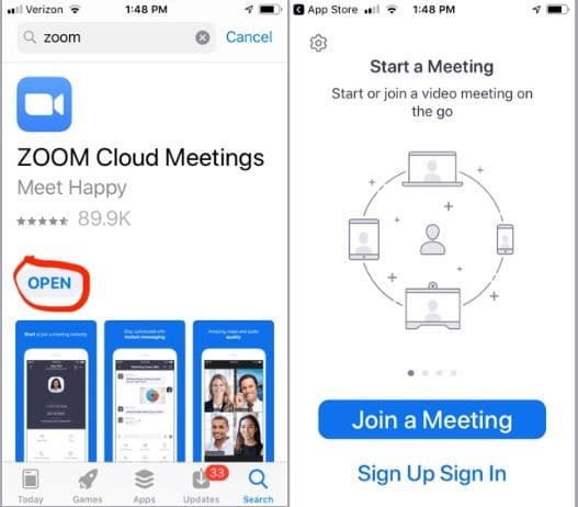 app store ZOOM Cloud Meetings with the blue zoom icon and the OPEN button circled and then a screen saying Start a Meeting with Join a Meeting and Sign Up Sign In
