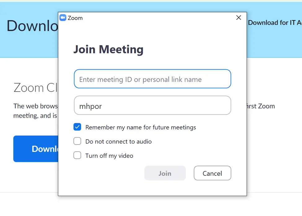 A Zoom popup with a bar: Join Meeting with Enter meeting ID or personal link name and a bar for a username with the join and cancel buttons at the bottom