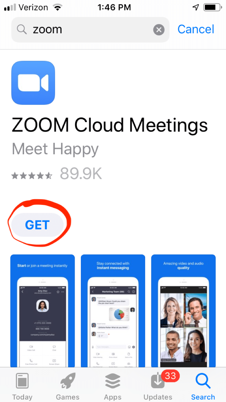 app store ZOOM Cloud Meetings with the blue zoom icon and the GET button circled