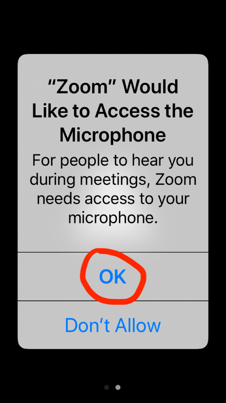 Phone screen "Zoom" Would Like to Access the Microphone and an OK circled in red
