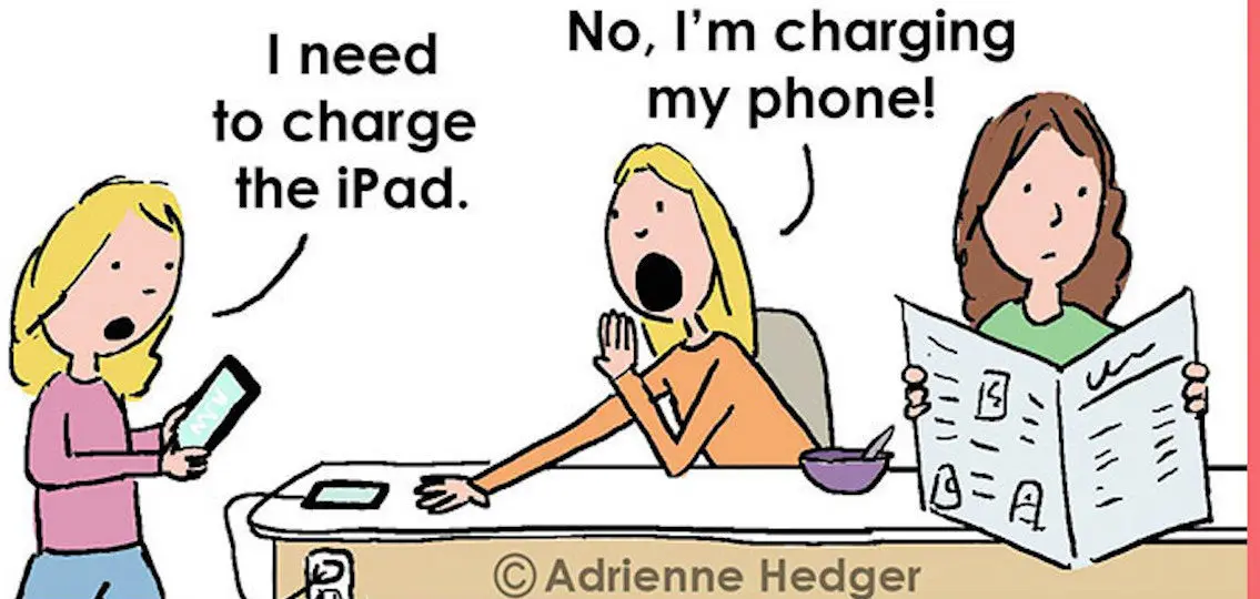 Comic by Adrienne Hedger two teen sisters arguing over a charger while mom reads newspaper