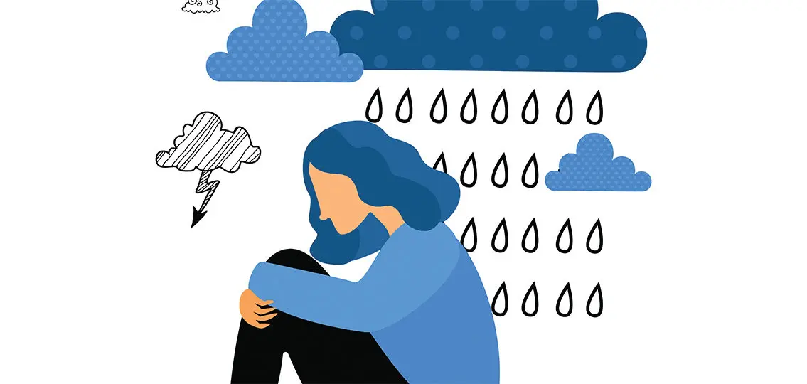 cartoon depressed girl under a raincloud holding her knees to her chest