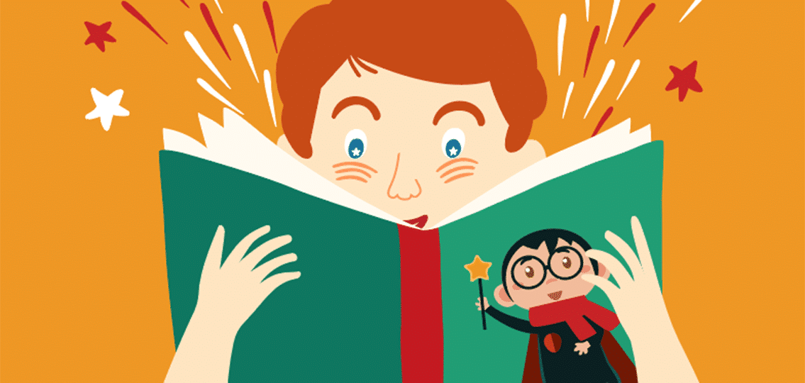 cartoon boy reading book with cover reminiscent of harry potter