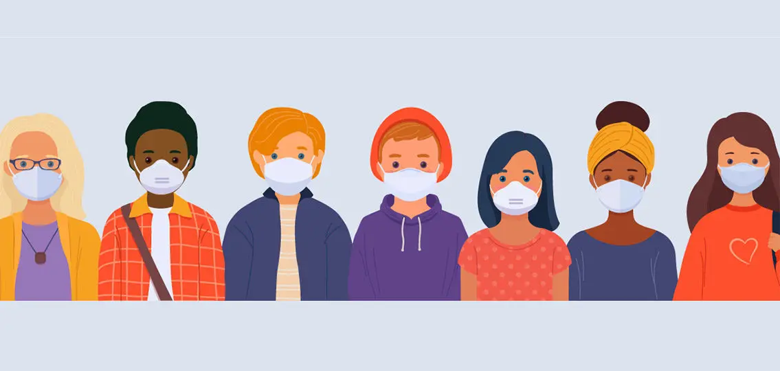 Cartoon illustration: Group of multinational people in medical face masks. Young men and women wearing protection from viruses, flu and bacteria as part of pandemic protocol