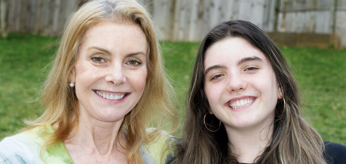 Author Bridget Baiss and daughter headshots smiling in backyard