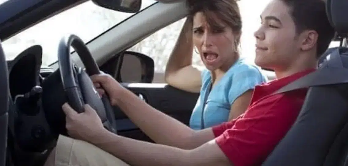 terrified mom teaching son to drive