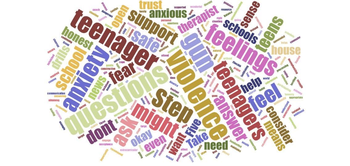 a word cloud featuring words like gun violence, teenager, support, questions, etc