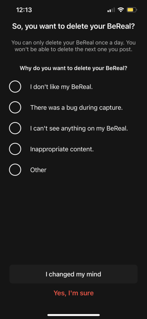 Screen asking why you want to delete your BeReal. Options include: I don't like my BeReal. There was a bug during capture. I can't