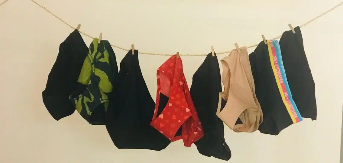 An assortment of period underwear hanging on a line