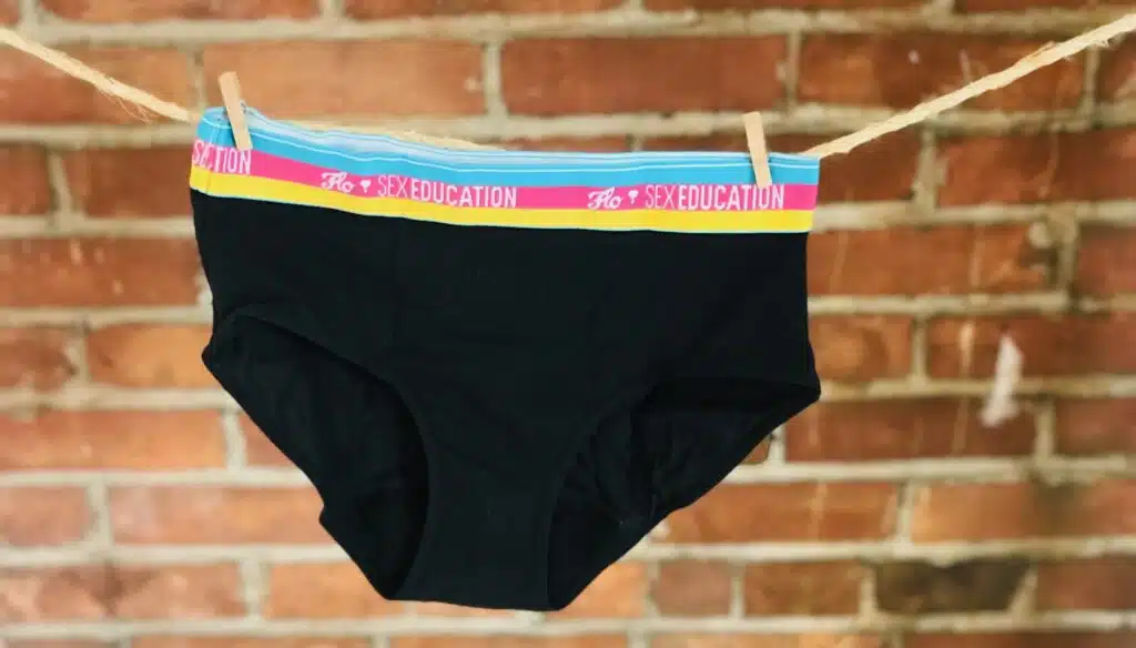 Here we flo period underwear hanging on a line