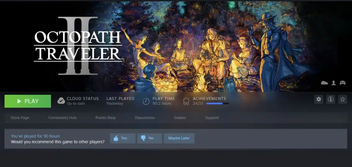 The author's gaming console listing that she played Octopath Traveler II for 90 hours