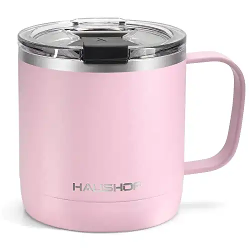 HAUSHOF 14 oz Coffee Mug, Insulated Coffee Mug with Handle, Travel Camping Cup, Portable Stainless Steel Coffee Cup, Insulated Coffee Cups with Lid, Pink