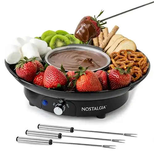 Electric Fondue Pot Set for Cheese & Chocolate - 4 Dipping Forks, 3-Section Food Tray