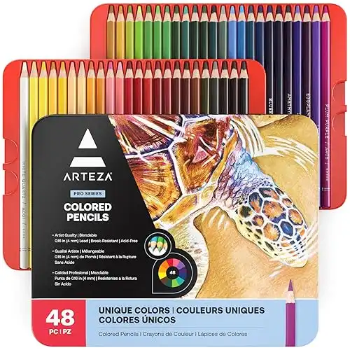 ARTEZA Colored Pencils for Adult Coloring, 48 Colors, Drawing Pencils with Soft Wax-Based Cores, Professional Art Supplies for Artists, Vibrant Pencil Set in Tin Box for Beginners and Pro