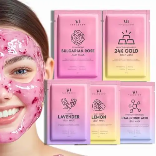 Jelly Mask for Facials - Pack of 5 | Valentines Gift | Hydrating Jelly Face Masks | Free Jade Roller & Spatula | Bulgarian Rose, Lavender, 24K Gold | Valentine Gifts for Women, Galentines Day Gift...