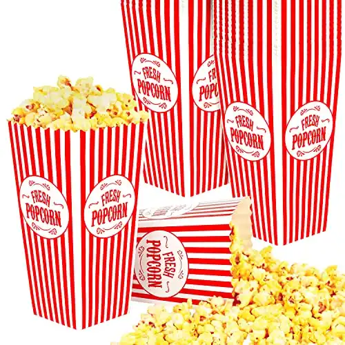 [25 Pack] Movie Theater Popcorn Boxes Disposable Red & White Striped - 46 oz Capacity - Vintage Snack Box Concession and Carnival Party Supplies, Individual Popcorn Bucket Containers