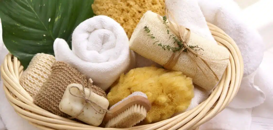 Basket with soap, sponges, towels
