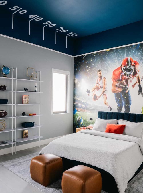 bedroom with sports-themed mural on the wall and ceiling
