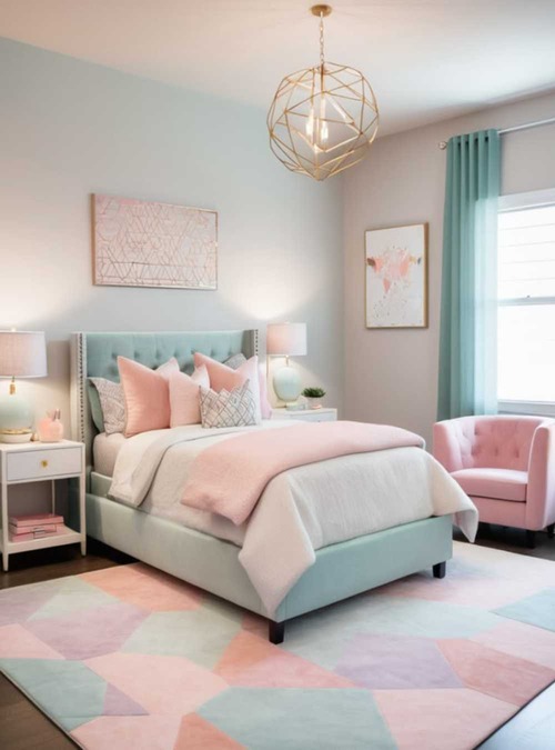 bedroom decorated in pastel blues and pinks