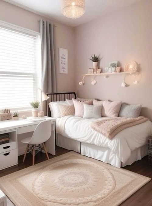 bedroom decorated in white and pink with a desk and square rug