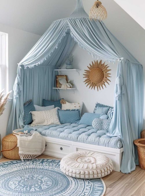 day bed with decorative pillows and a canopy framing the top and ends