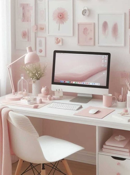 white desk with pink accessories, pink and white wall decorations, and a computer monitor with a pink background