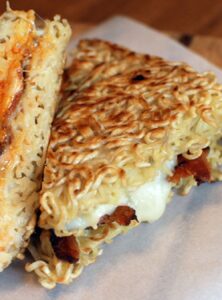 grilled cheese and bacon on ramen "bread"