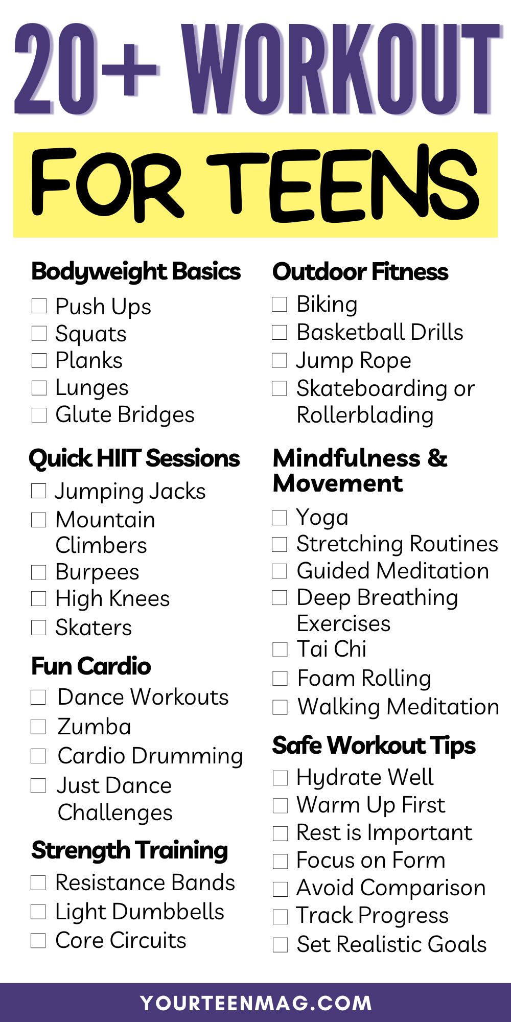 List of 20+ workouts for teens