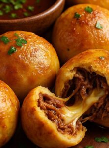 baked dough balls with birria beef inside