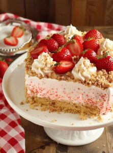 a piece of strawberry tres leche cake topped with halved strawberries