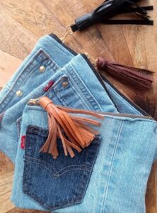 3 zippered pouches made from denim jean pockets
