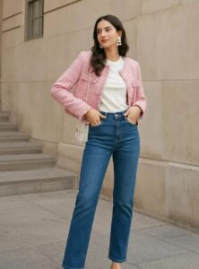 woman wearing a white t-shirt with a pink cropped tweed jacket and jeans