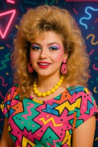 80s style hair, makeup, and accessories